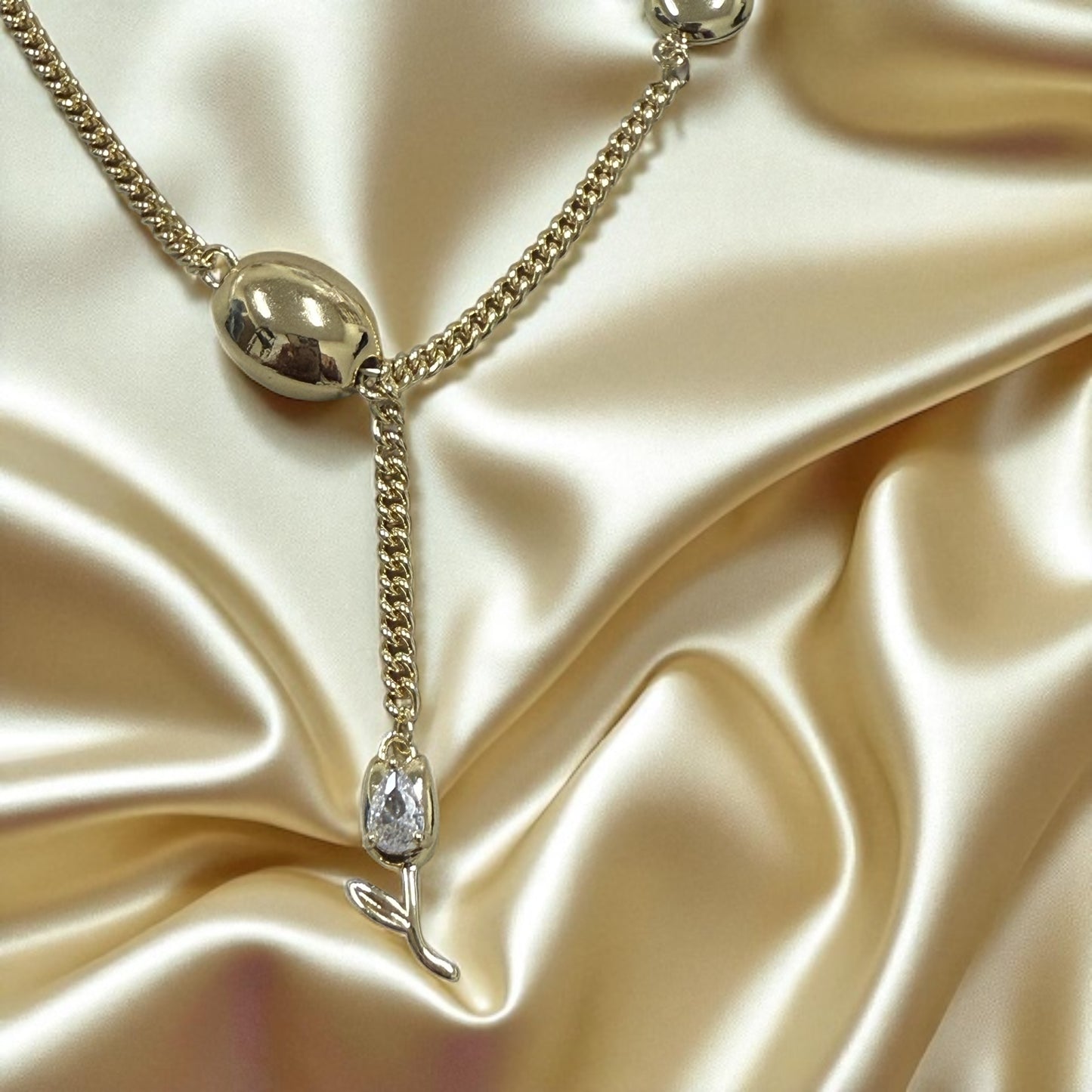 Beaded and Flower 14k Gold Electroplated Necklace