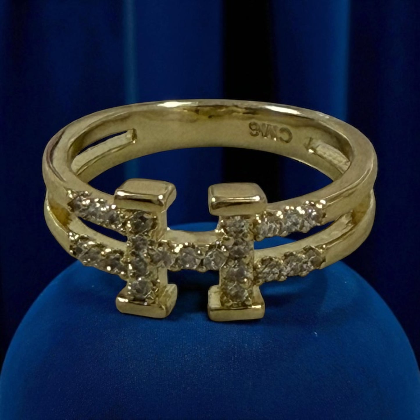 H Letter with Cz Stones 14k Gold Electroplated Ring