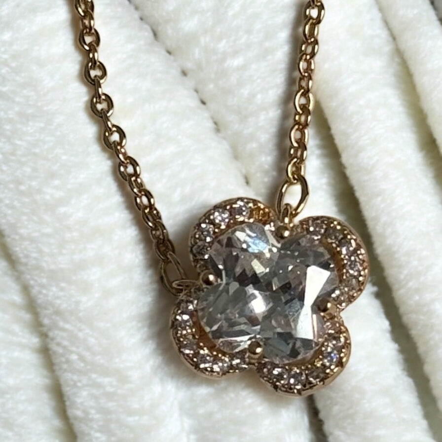 Clover Theme CZ Stone Necklace Pendant and Earrings Set 18K Gold Electroplated