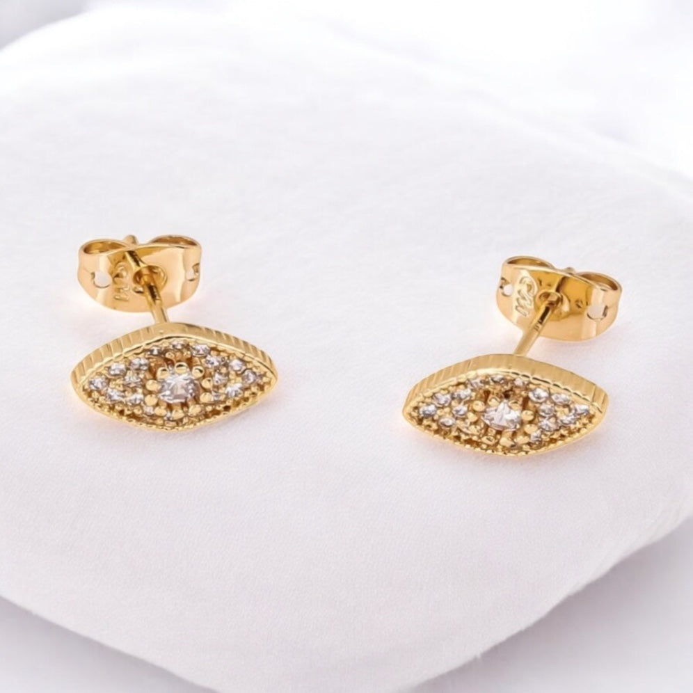 Evil Eye Design With Cz Stones 14k Gold Electroplated Earrings