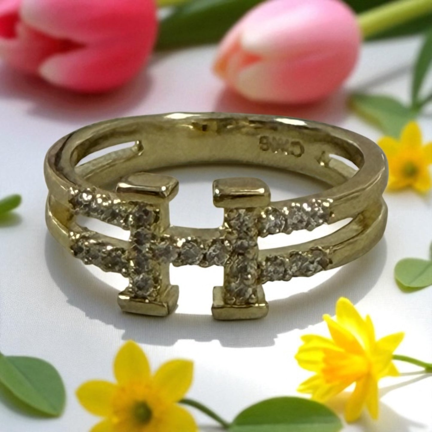 H Letter with Cz Stones 14k Gold Electroplated Ring