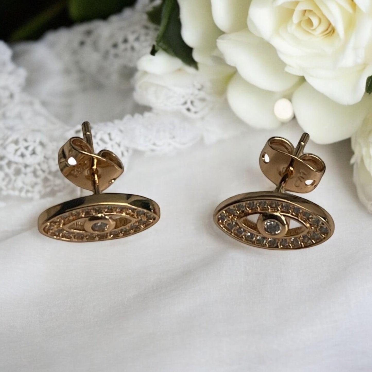 Evil Eye Design With Cz Stones 14k Gold Electroplated Earrings