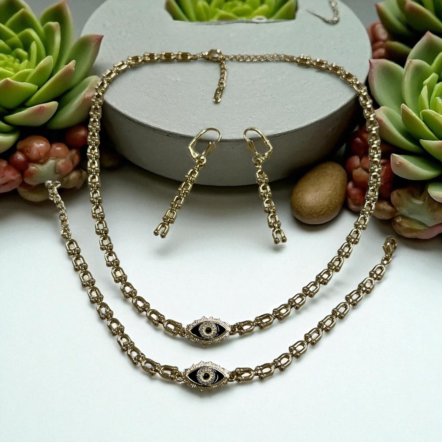 Turkish Eye Necklace Earrings and Bracelet Set 14K Gold Electroplated