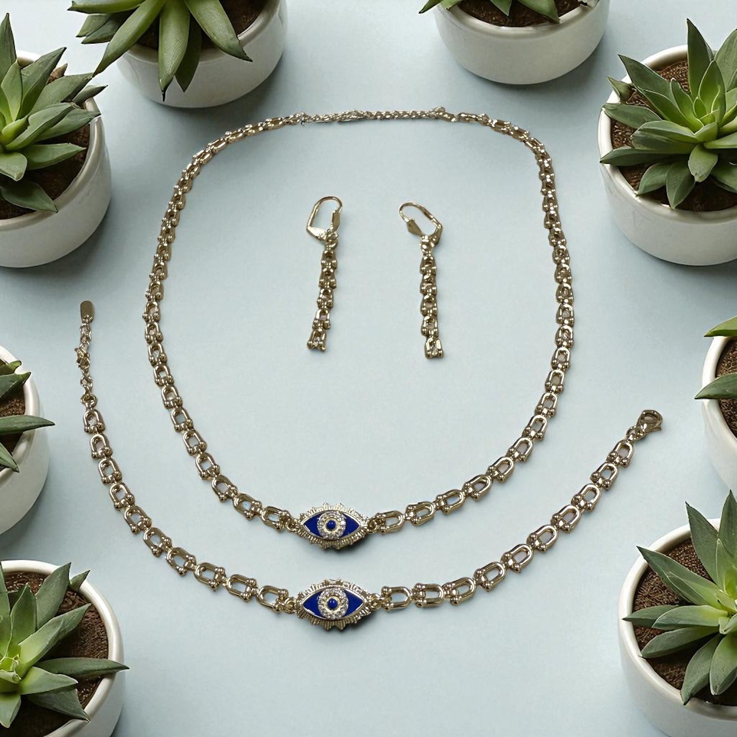 Turkish Eye Necklace Earrings and Bracelet Set 14K Gold Electroplated