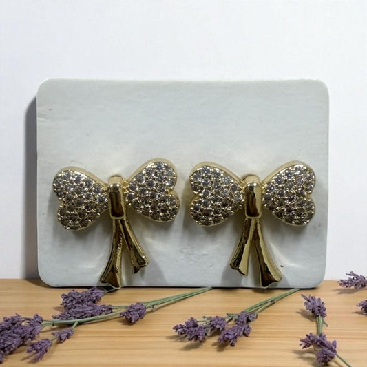 Bow Design with Cz 14k Gold Electroplated Earrings