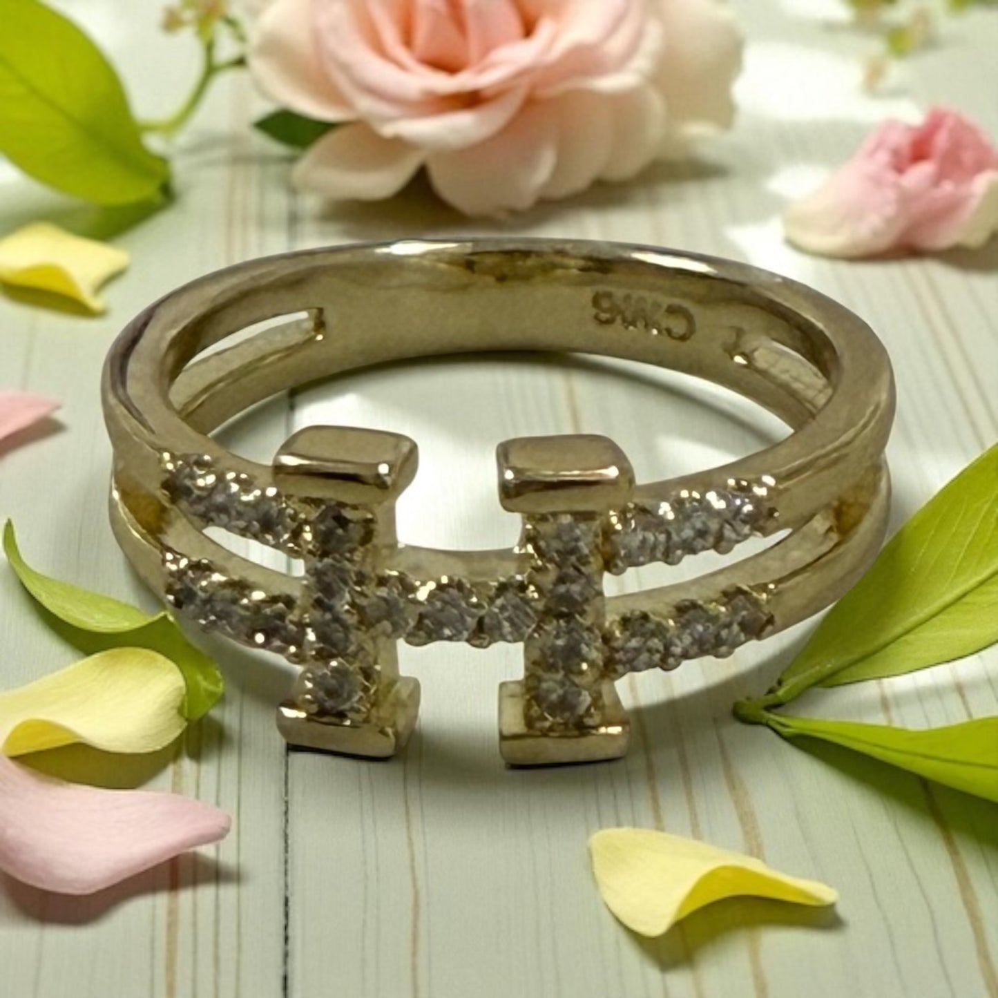 H Letter with Cz Stones 14k Gold Electroplated Ring