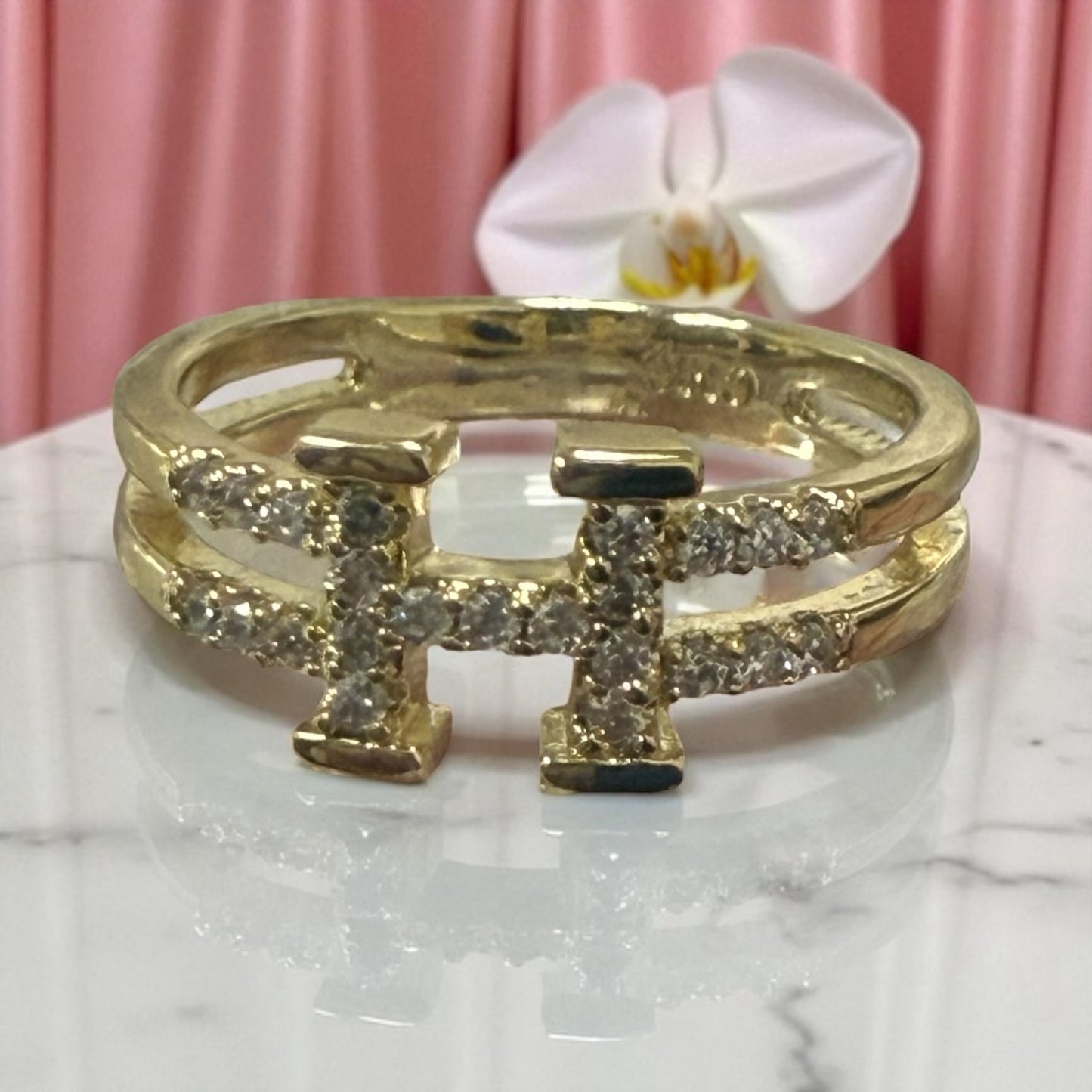 H Letter with Cz Stones 14k Gold Electroplated Ring