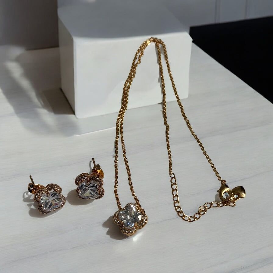 Clover Theme CZ Stone Necklace Pendant and Earrings Set 18K Gold Electroplated
