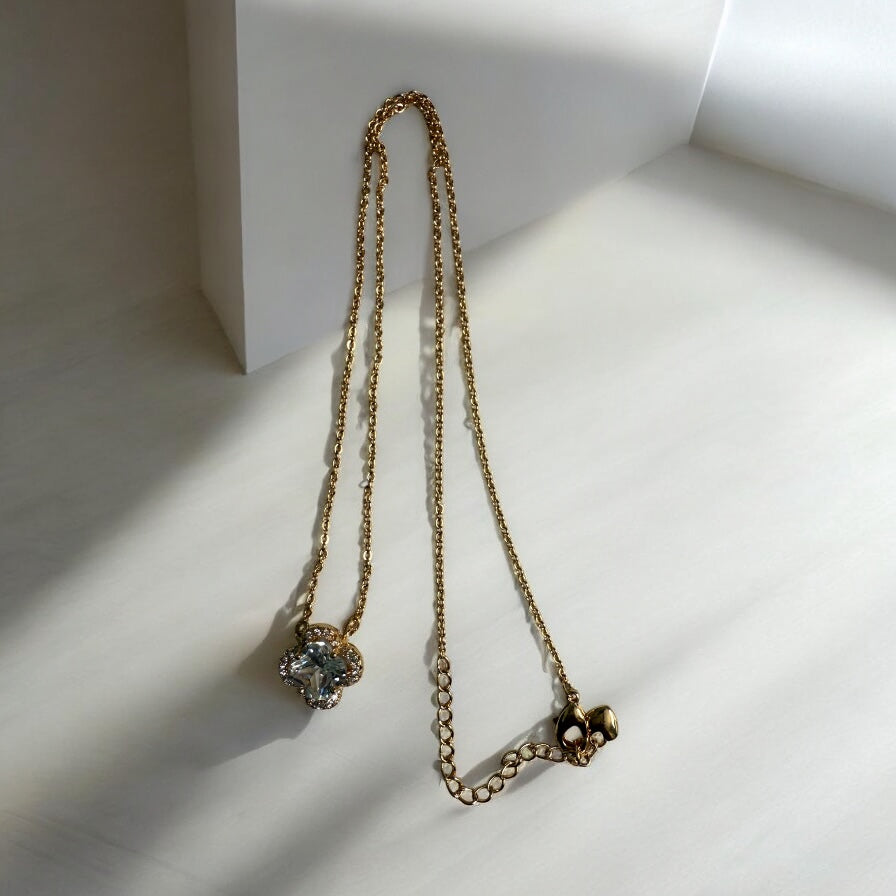 Clover Theme CZ Stone Necklace Pendant and Earrings Set 18K Gold Electroplated