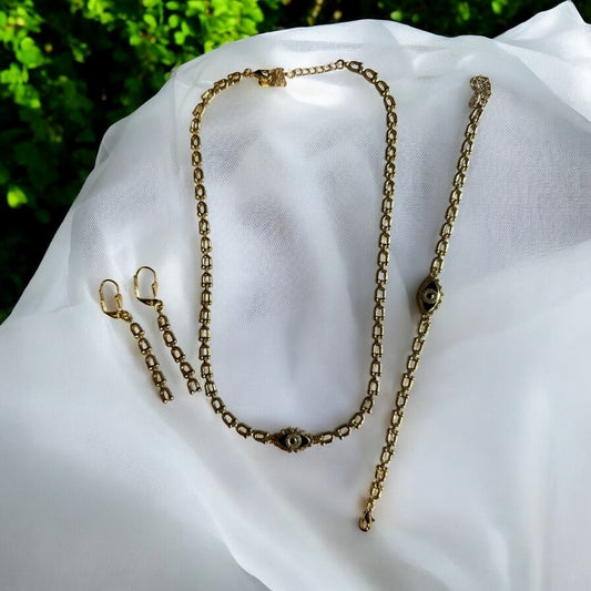 Turkish Eye Necklace Earrings and Bracelet Set 14K Gold Electroplated