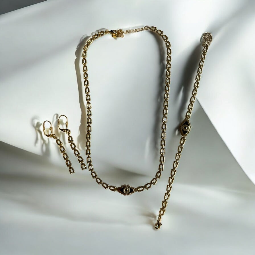 Turkish Eye Necklace Earrings and Bracelet Set 14K Gold Electroplated