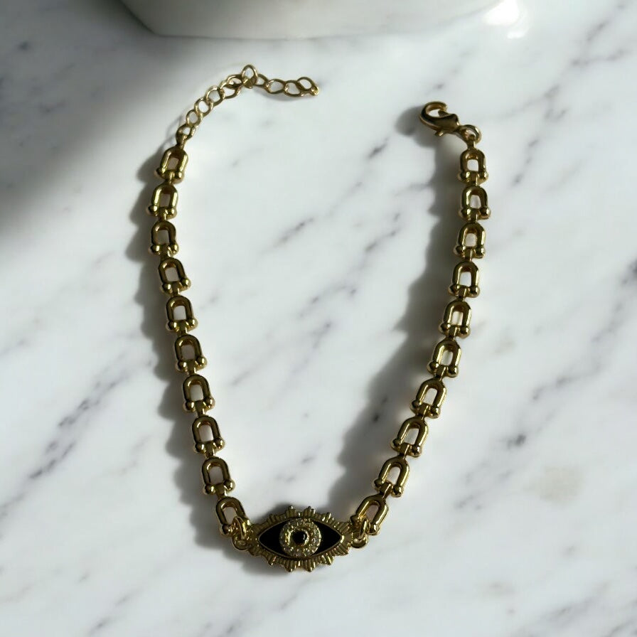 Turkish Eye Necklace Earrings and Bracelet Set 14K Gold Electroplated