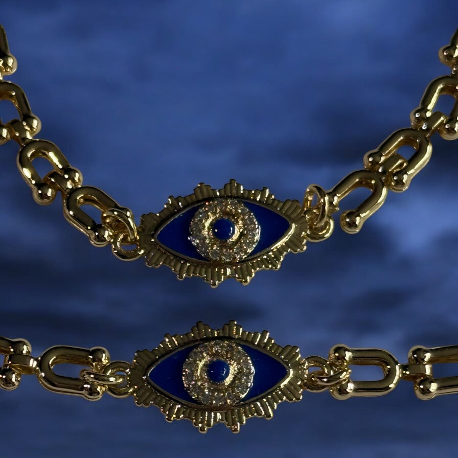 Turkish Eye Necklace Earrings and Bracelet Set 14K Gold Electroplated