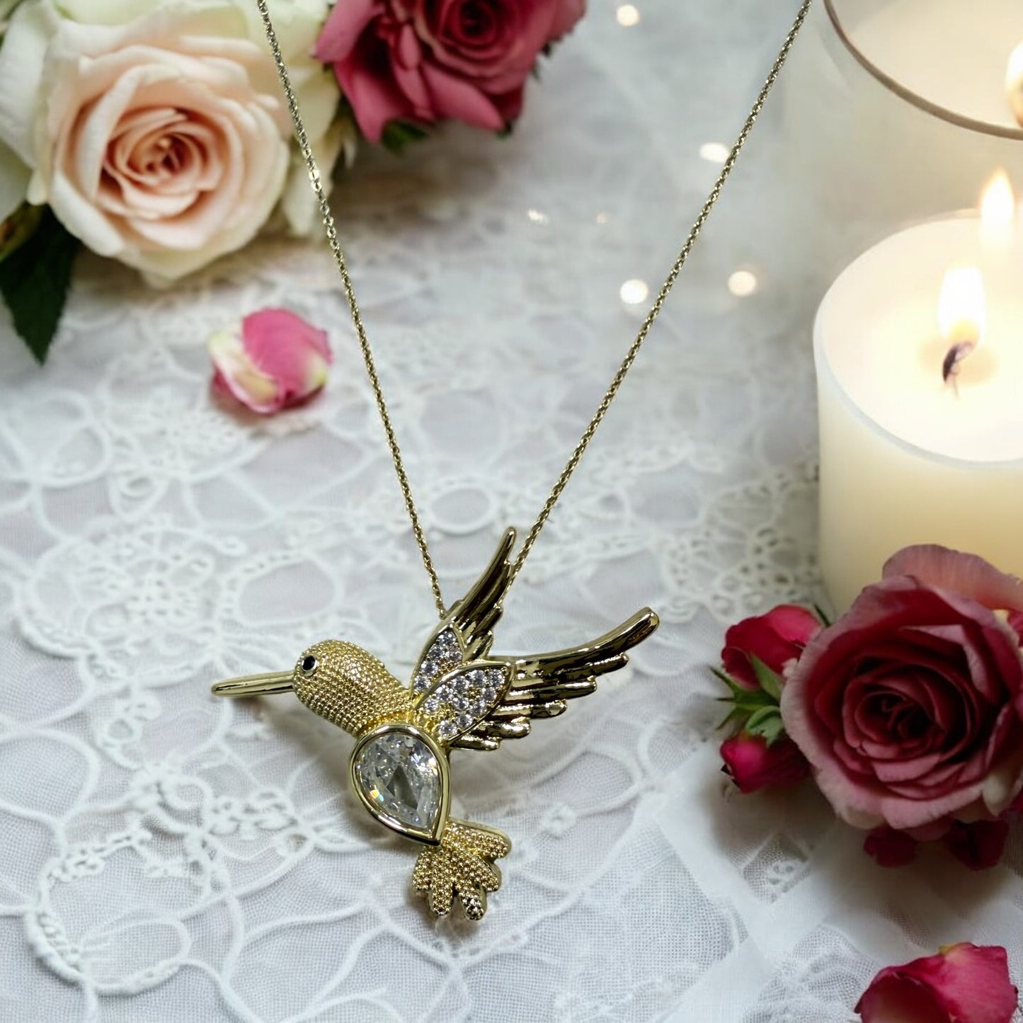 Humming Bird 14k Gold Electroplated Pendant